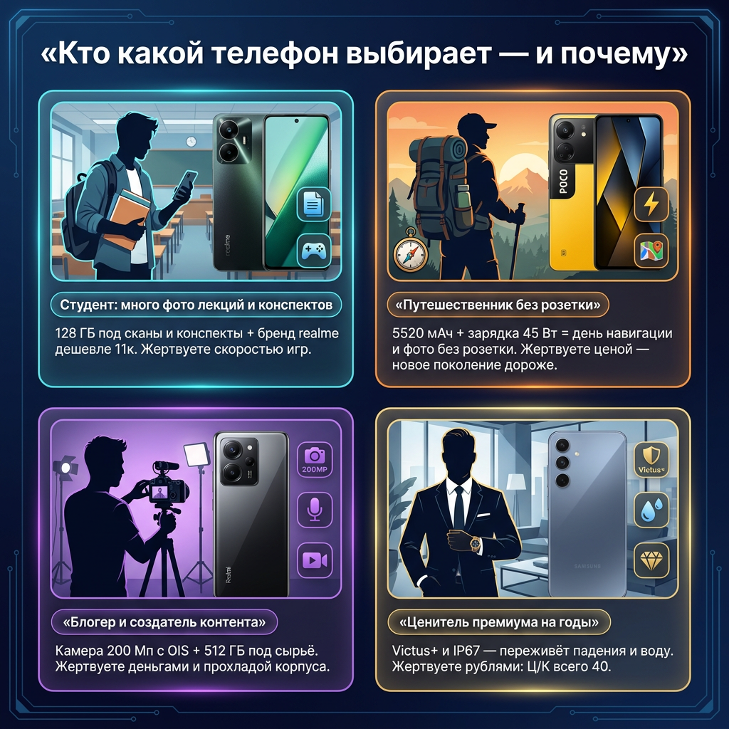 Сценарии: студент, путешественник, блогер, ценитель премиума — и модель под каждого